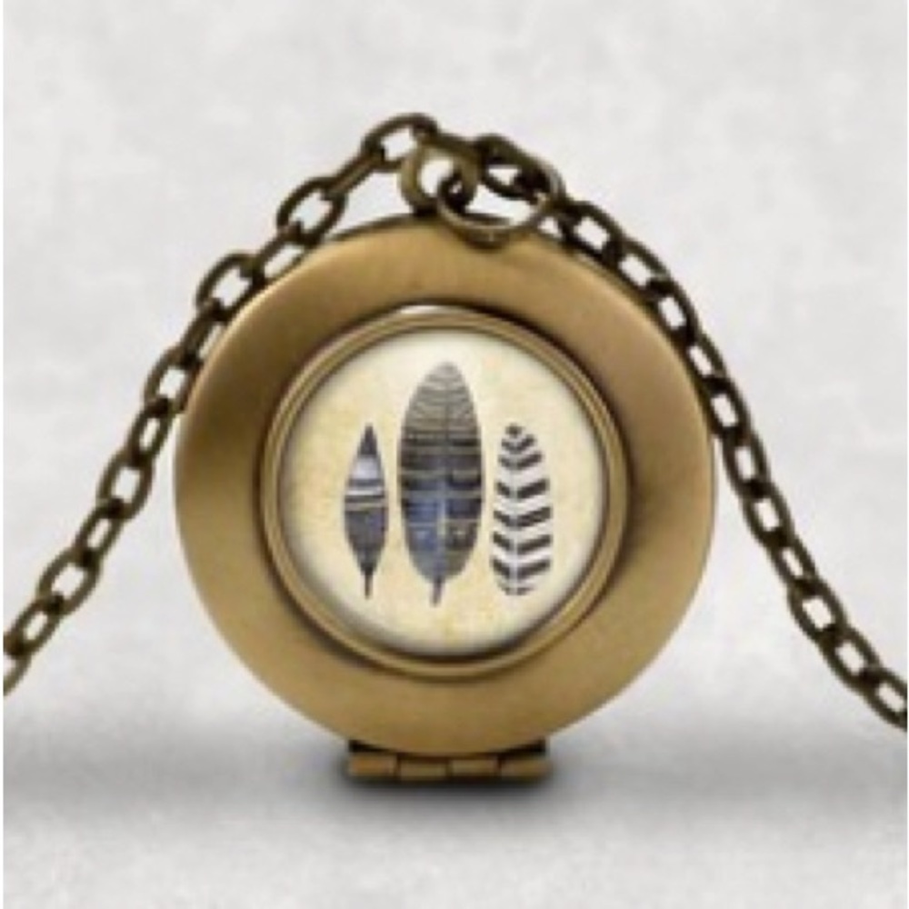 Handmade Gold Bronze Boho Steampunk Feather Photo Locket Necklace